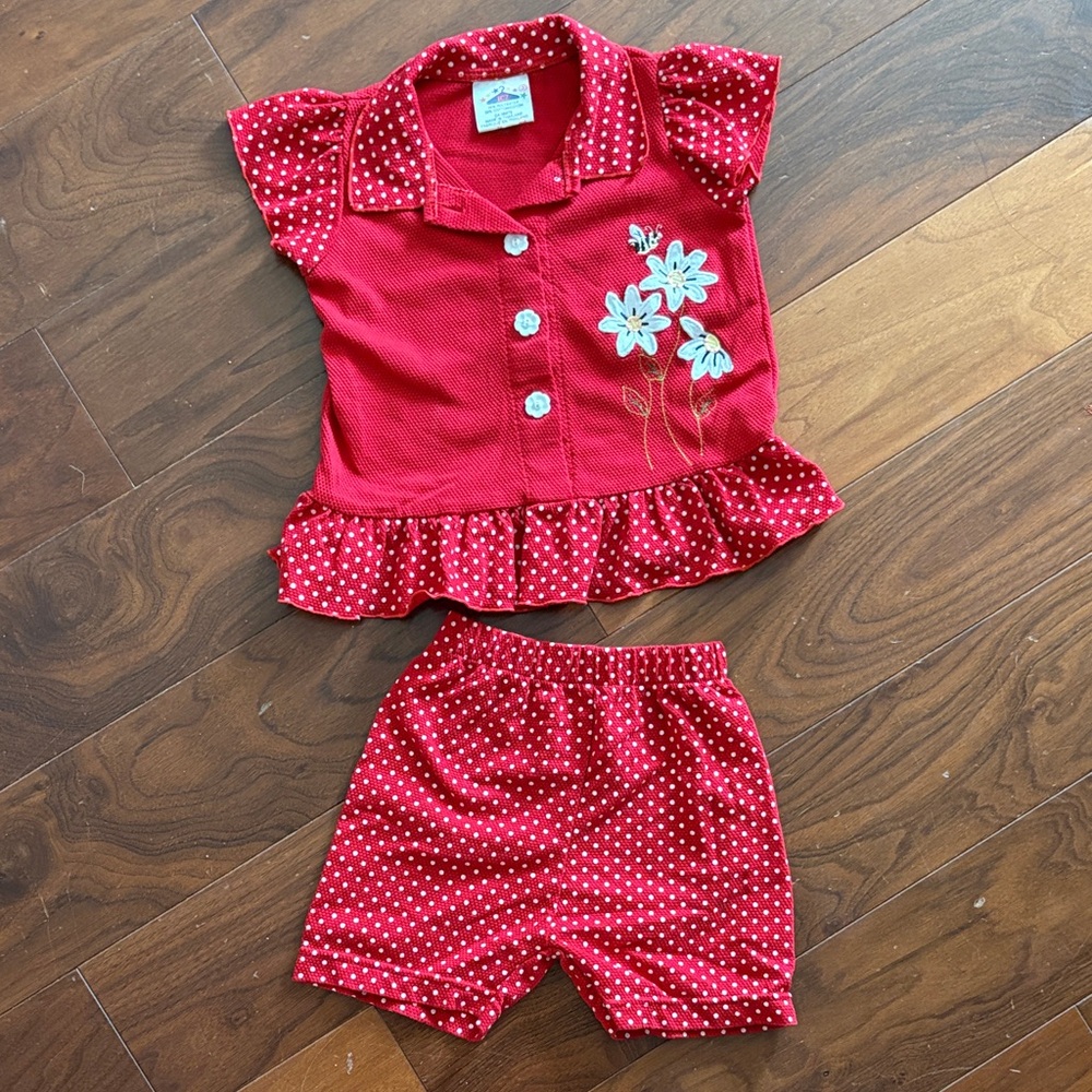 Vintage ICZ Red Polka Dot Floral Toddler short set daisy bees floral buttons 3